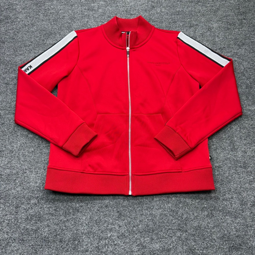 Karl Lagerfeld Paris Womens Red Track Jacket Glitter Logo Stripe Mock Neck M